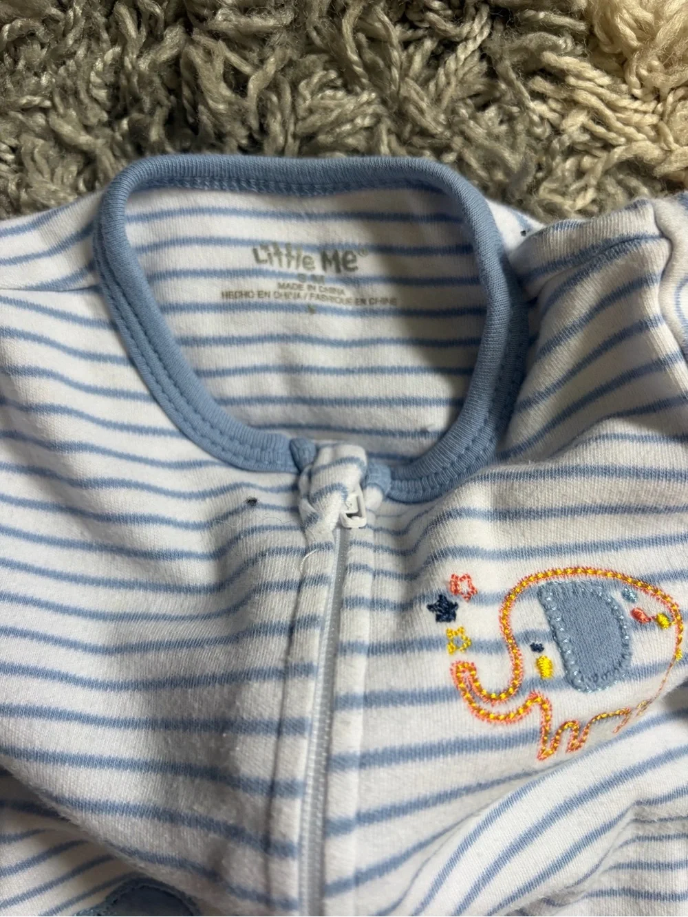 Little Me Blue & White Striped Footed One-Piece with Elephant Appliqués